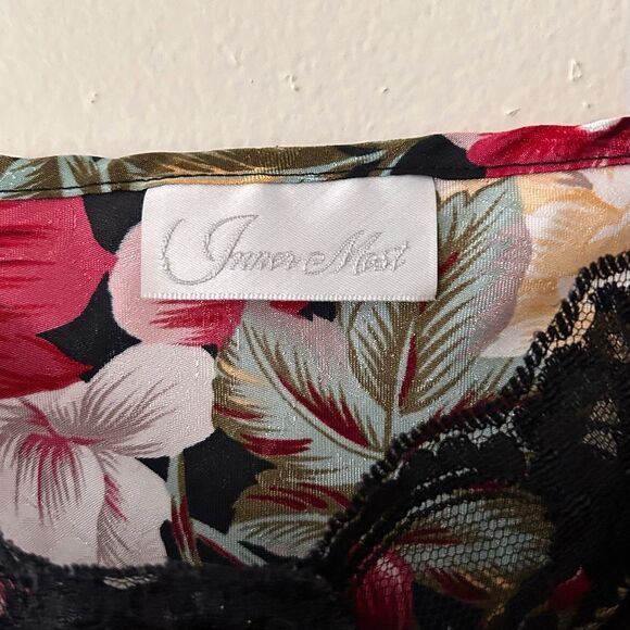 VTG 90s Floral Slip Dress Satin & Lace Red Pink Roses Asymmetrical Inner Most L - Picture 8 of 9